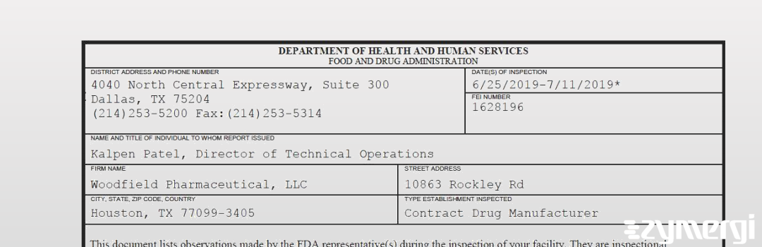 FDANews 483 Woodfield Pharmaceutical, LLC Jul 11 2019 top