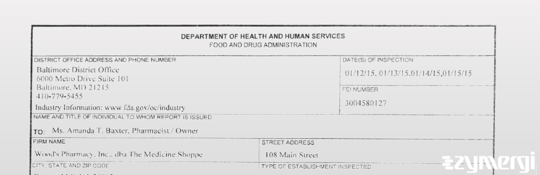 FDANews 483 Wood's Pharmacy, Inc. Jan 15 2015 top