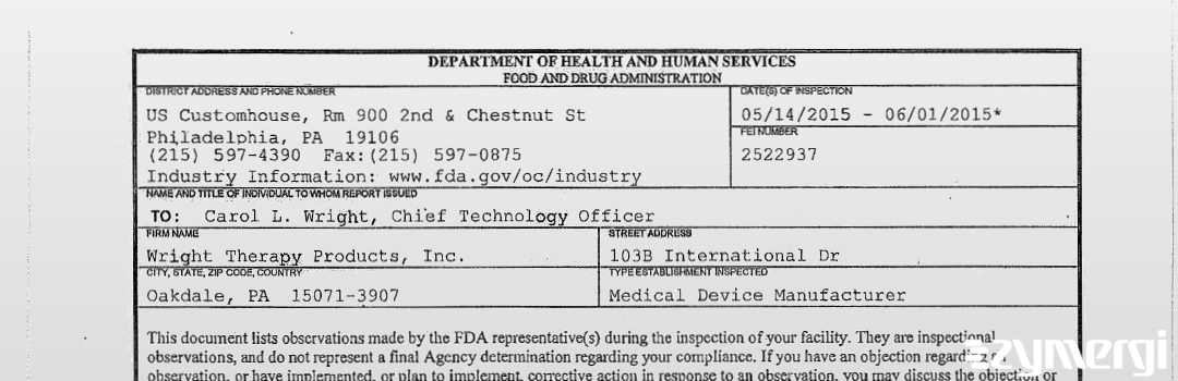 FDANews 483 Wright Therapy Products, Inc. Jun 1 2015 top