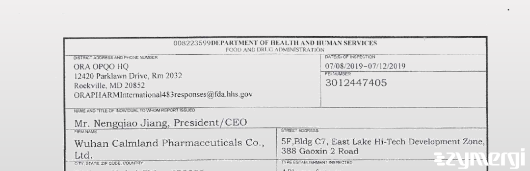 FDANews 483 Wuhan Calmland Pharmaceuticals Co., Ltd. Jul 12 2019 top