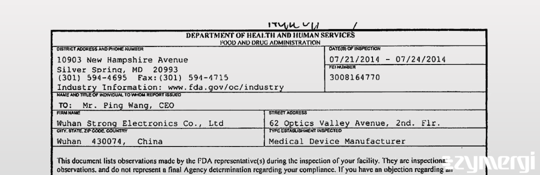 FDANews 483 Wuhan Strong Electronics Co Ltd Jul 24 2014 top