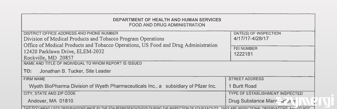 FDANews 483 Wyeth BioPharma Division of Wyeth Pharmaceuticals Inc., a subsidiary of Pfizer Inc. Apr 28 2017 top