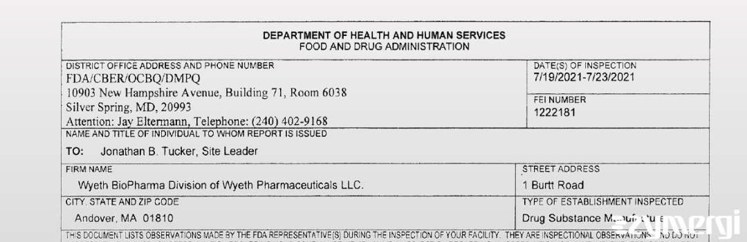 FDANews 483 Wyeth BioPharma Division of Wyeth Pharmaceuticals LLC Jul 23 2021 top