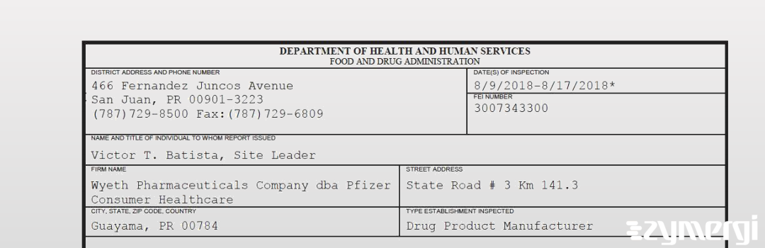 FDANews 483 Wyeth Pharmaceuticals Company dba Pfizer Consumer Healthcare Aug 17 2018 top