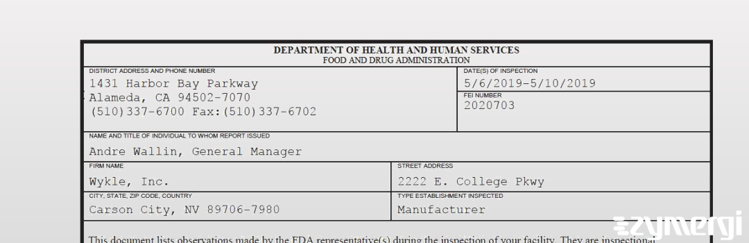 FDANews 483 Wykle, Inc. May 10 2019 top