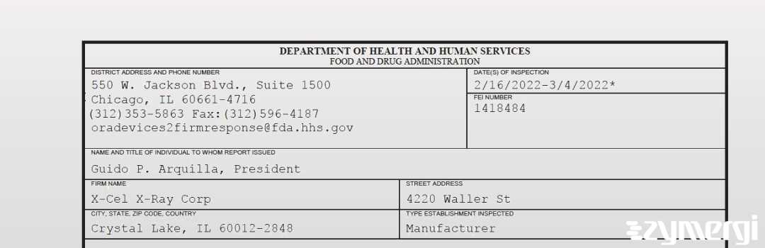 FDANews 483 X-Cel X-Ray Corp Mar 4 2022 top