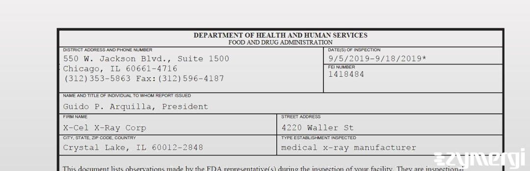 FDANews 483 X-Cel X-Ray Corp Sep 18 2019 top