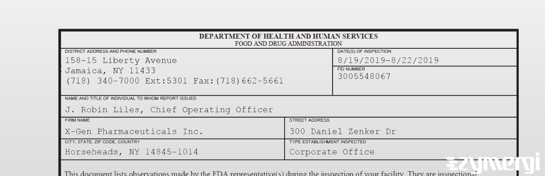 FDANews 483 X-Gen Pharmaceuticals Inc. Aug 22 2019 top