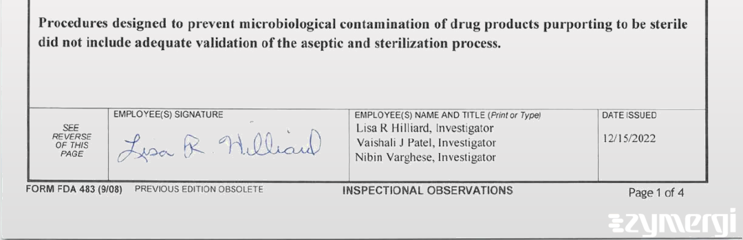 Lisa R. Hilliard FDA Investigator Vaishali J. Patel FDA Investigator Nibin Varghese FDA Investigator 