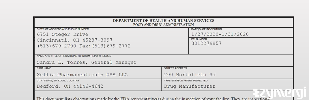 FDANews 483 Xellia Pharmaceuticals USA LLC Jan 31 2020 top