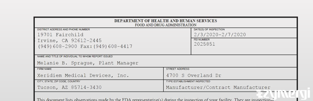 FDANews 483 Xeridiem Medical Devices, Inc. Feb 7 2020 top