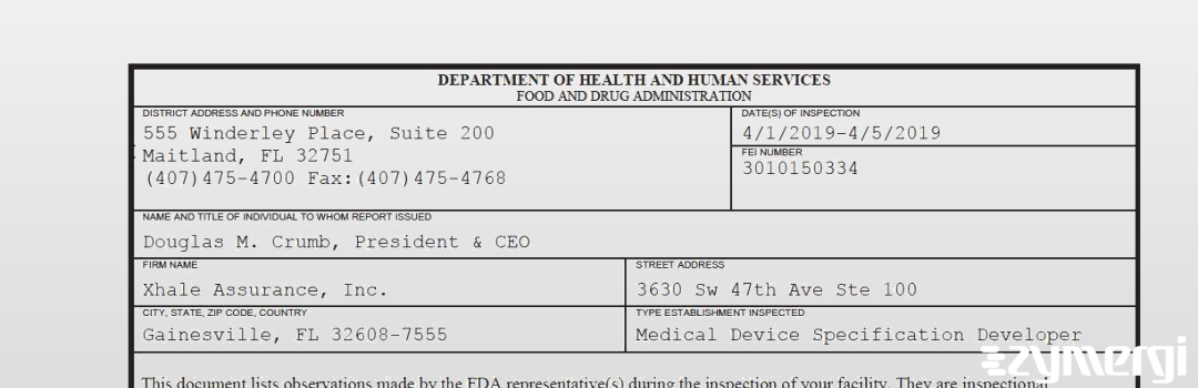 FDANews 483 Xhale Assurance, Inc. Apr 5 2019 top