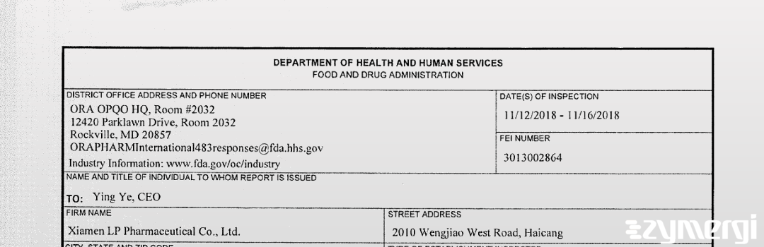 FDANews 483 Xiamen LP Pharmaceutical Co., Ltd. Nov 16 2018 top