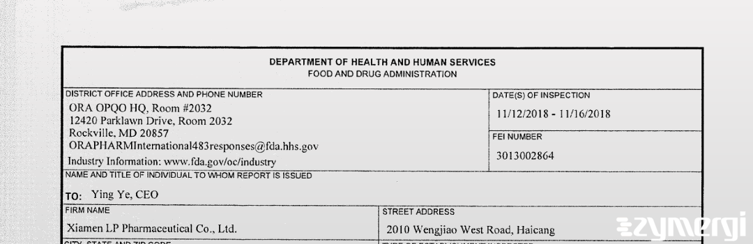 FDANews 483 Xiamen LP Pharmaceutical Co., Ltd. Nov 16 2018 top