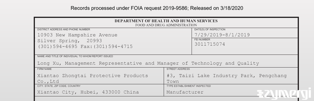 FDANews 483 Xiantao Zhongtai Protective Products Co.,Ltd Aug 1 2019 top