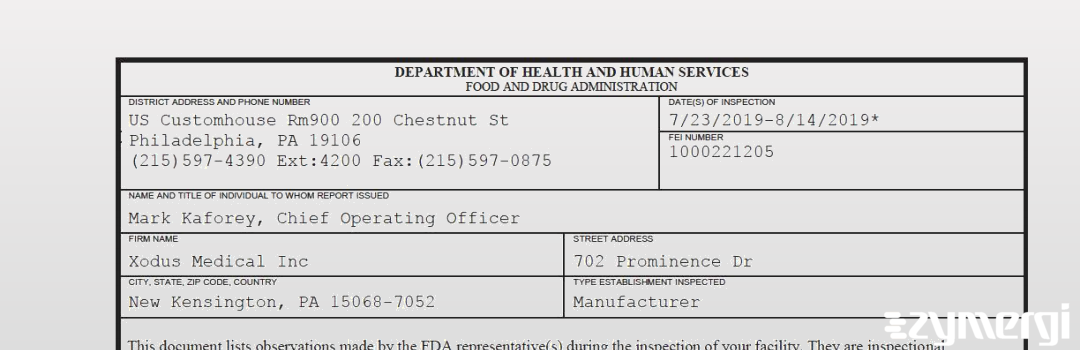 FDANews 483 Xodus Medical Inc Aug 14 2019 top