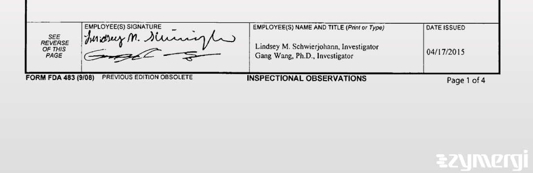 Lindsey M. Schwierjohann FDA Investigator Gang Wang FDA Investigator 