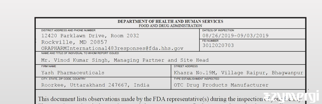 FDANews 483 Yash Pharma Laboratories Pvt Ltd Sep 3 2019 top