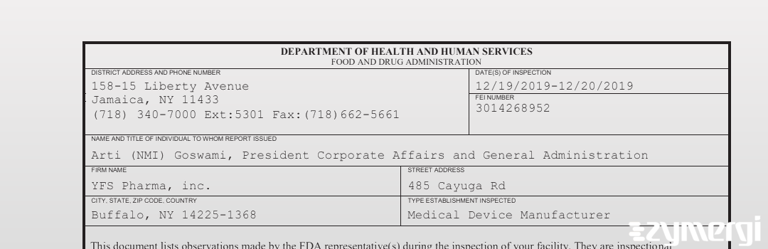 FDANews 483 YFS Pharma, inc. Dec 20 2019 top