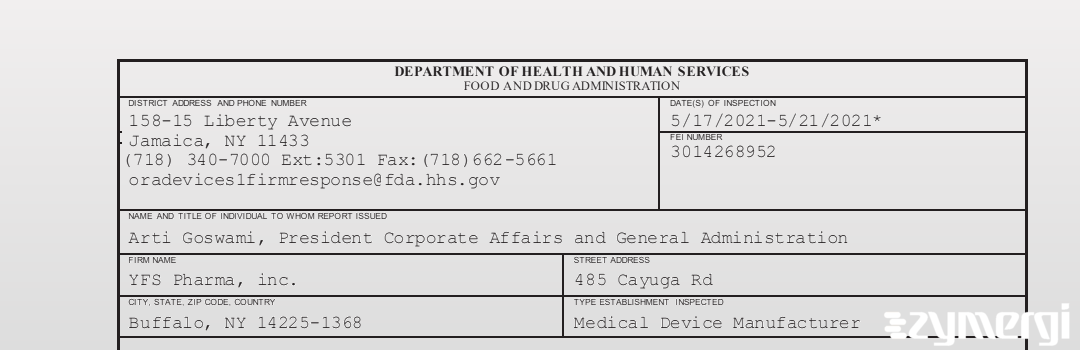 FDANews 483 YFS Pharma, inc. May 21 2021 top