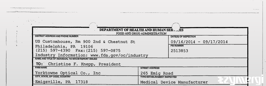 FDANews 483 Yorktowne Optical Co Sep 17 2014 top