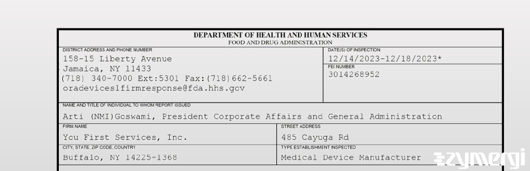 FDANews 483 You First Services, Inc. Dec 18 2023 top