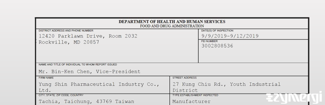 FDANews 483 Yung Shin Pharmaceutical Industry Co., Ltd. Sep 12 2019 top