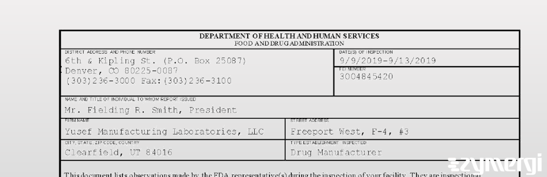 FDANews 483 Yusef Manufacturing Laboratories, LLC Sep 13 2019 top