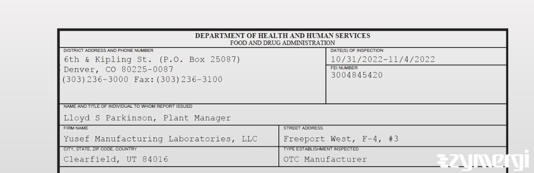 FDANews 483 Yusef Manufacturing Laboratories, LLC Nov 4 2022 top