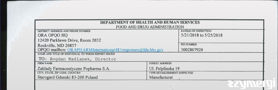 FDANews 483 Zaklady Farmaceutyczne Polpharma S.A. May 25 2018 top