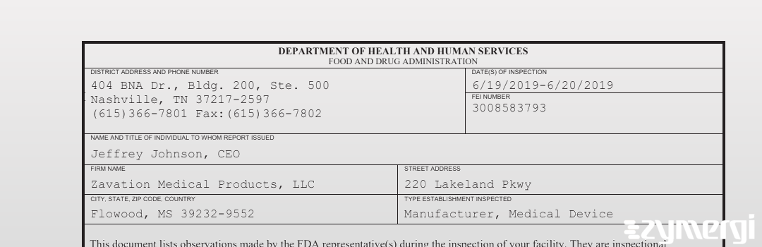 FDANews 483 Zavation Medical Products, LLC Jun 20 2019 top