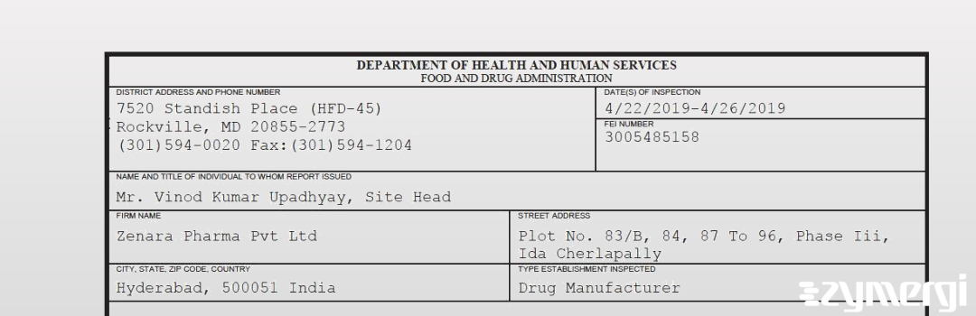 FDANews 483 Zenara Pharma Pvt Ltd Apr 26 2019 top