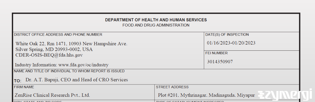 FDANews 483 ZenRise Clinical Research Pvt., Ltd Jan 20 2023 top