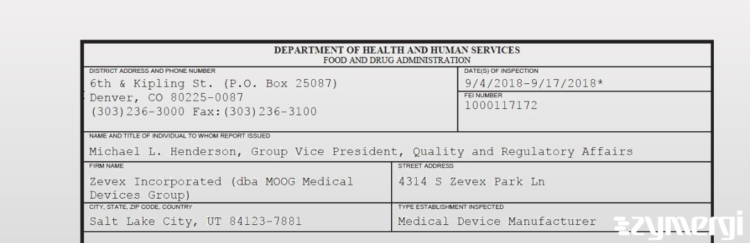 FDANews 483 Zevex Incorporated (dba MOOG Medical Devices Group) Sep 17 2018 top