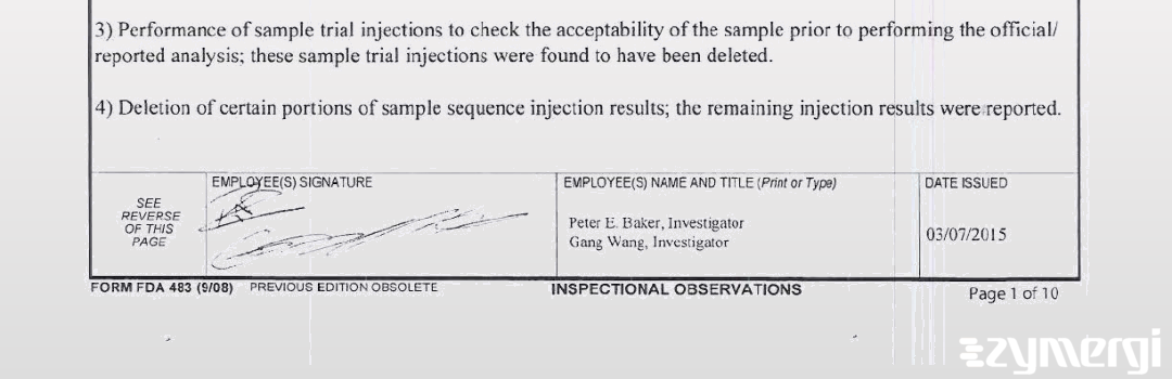 Peter E. Baker FDA Investigator Gang Wang FDA Investigator