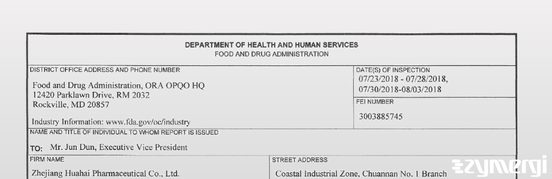 FDANews 483 Zhejiang Huahai Pharmaceutical Aug 3 2018 top