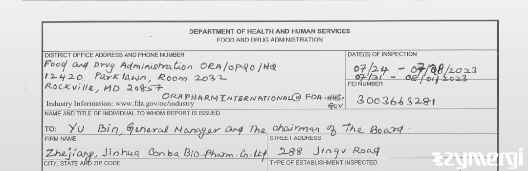 FDANews 483 Zhejiang Jinhua Conba Bio-Pharm. Co., Ltd. Aug 1 2023 top