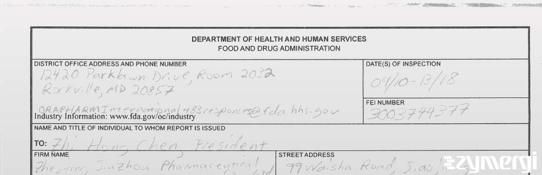 FDANews 483 Zhejiang Jiuzhou Pharmaceutical Co., Ltd. Sep 13 2018 top