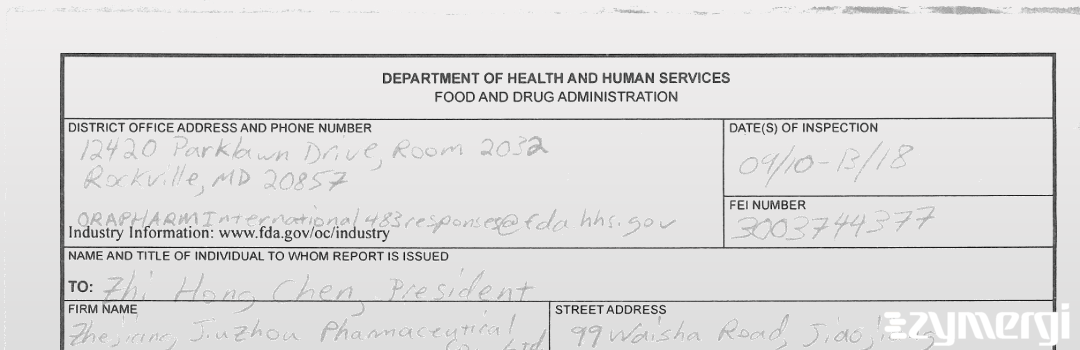 FDANews 483 Zhejiang Jiuzhou Pharmaceutical Co., Ltd. Sep 13 2018 top