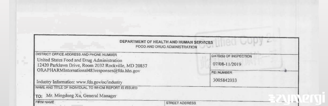 FDANews 483 Zhejiang Raybow Pharmaceutical Co., Ltd. Jul 11 2019 top