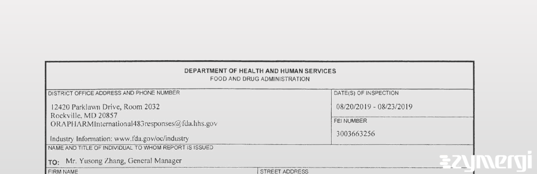 FDANews 483 Zhejiang Xianju Pharmaceutical Co., Ltd. (Yangfu API). Aug 23 2019 top