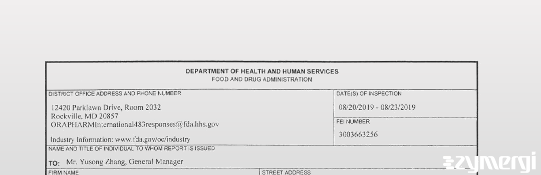 FDANews 483 Zhejiang Xianju Pharmaceutical Co., Ltd. (Yangfu API). Aug 23 2019 top