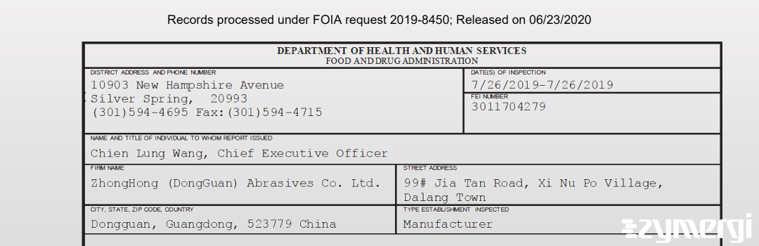 FDANews 483 ZhongHong (DongGuan) Abrasives Co. Ltd. Jul 26 2019 top