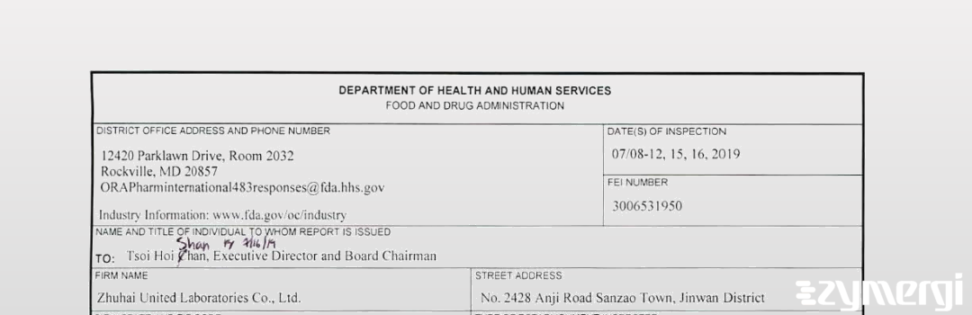 FDANews 483 Zhuhai United Laboratories Co. Ltd. Jul 16 2019 top