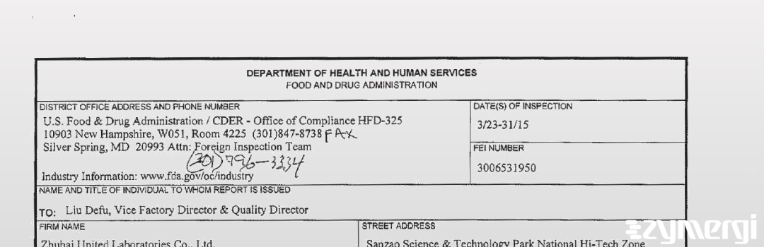 FDANews 483 Zhuhai United Laboratories Co. Ltd. Mar 31 2015 top