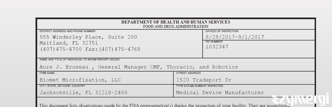 FDANews 483 Zimmer Biomet CMF and Thoracic LLC Sep 1 2017 top