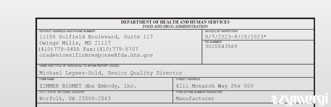 FDANews 483 ZIMMER BIOMET dba Embody, Inc. Aug 18 2023 top