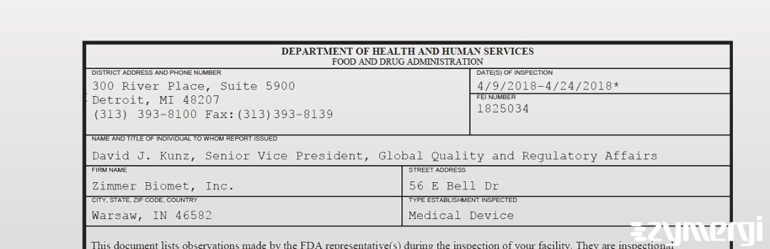 FDANews 483 Zimmer Biomet, Inc. Apr 24 2018 top