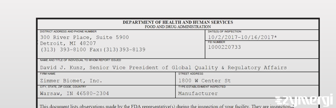 FDANews 483 Zimmer Biomet, Inc. Oct 16 2017 top