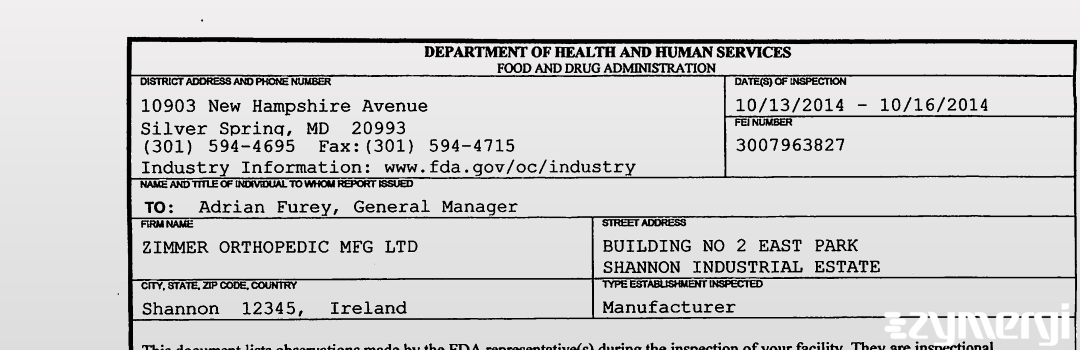 FDANews 483 ZIMMER ORTHOPEDIC MFG LTD Oct 16 2014 top